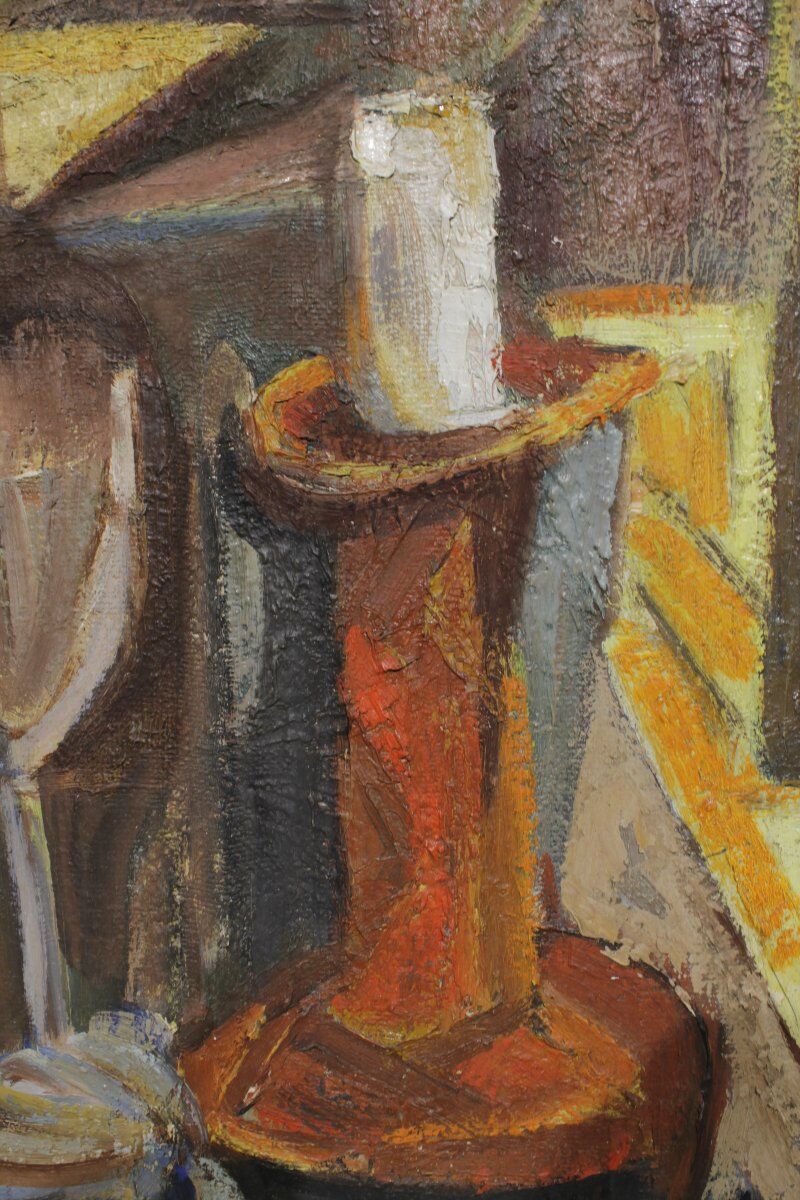 Nature morte cubiste signée - Huile sur panneau