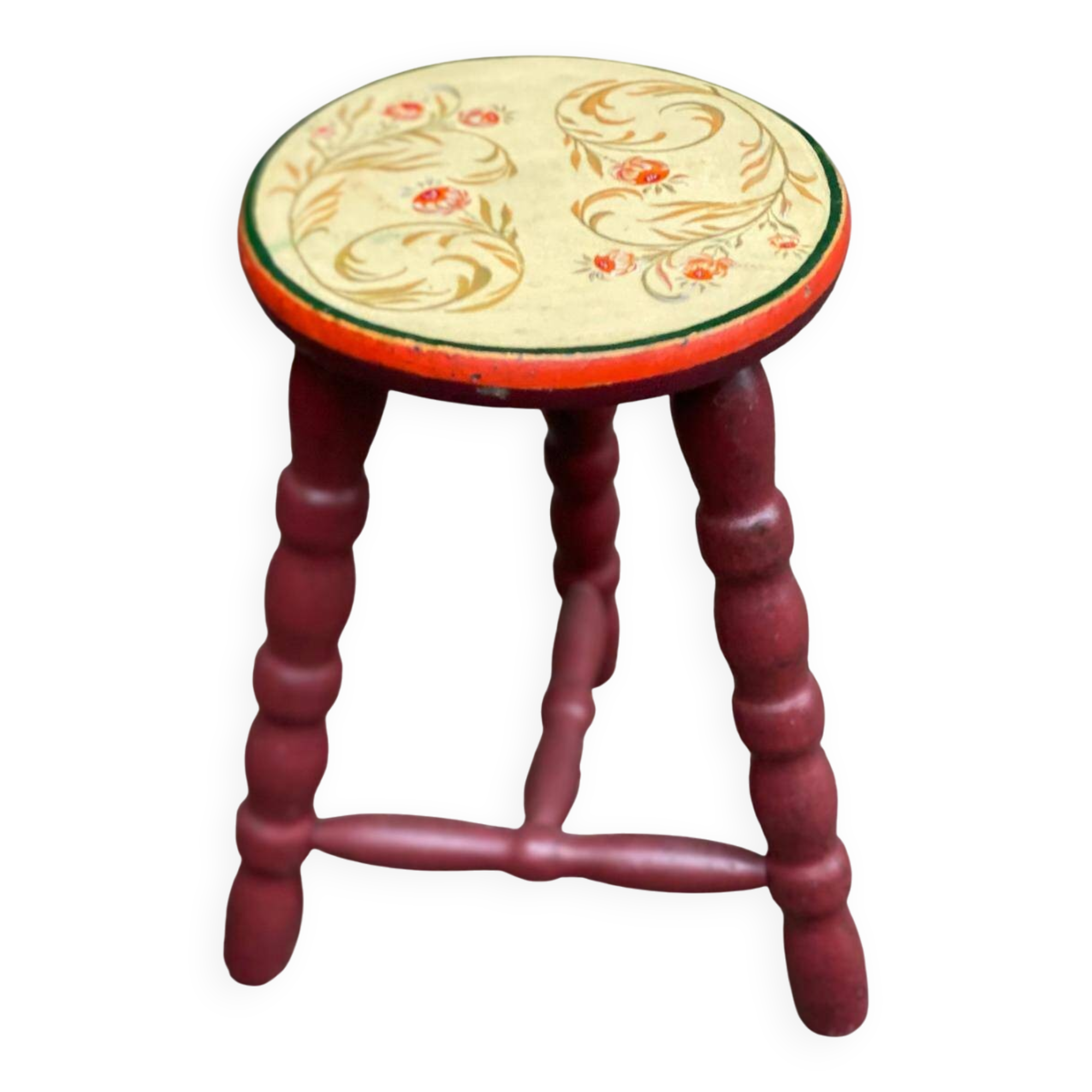 Asian tripod stool in solid wood, burgundy and beige flowers