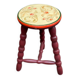Asian tripod stool in solid wood, burgundy and beige flowers