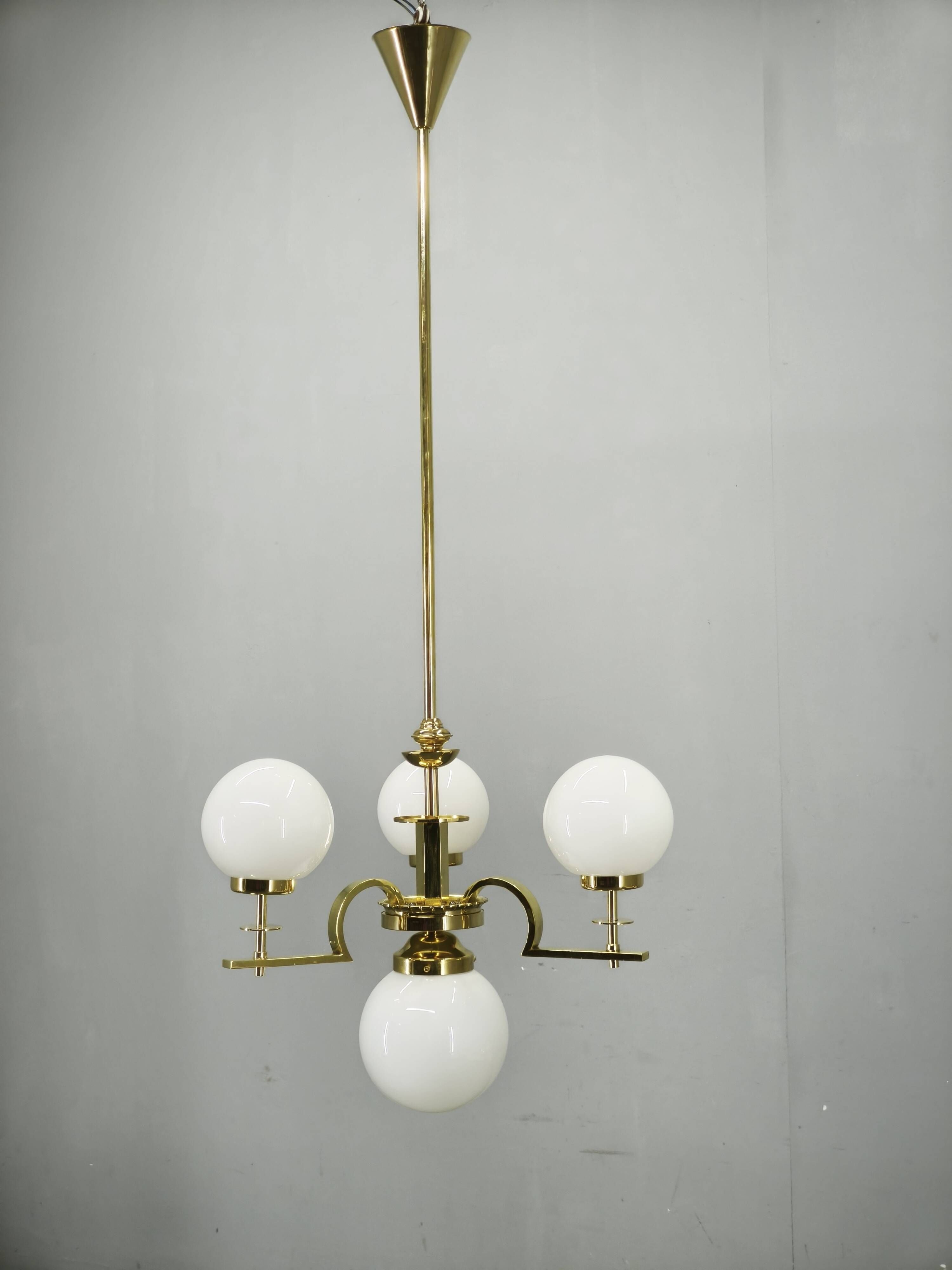 1930s Art Deco Brass and Opaline Glass Globe Chandelier, Czechoslovakia