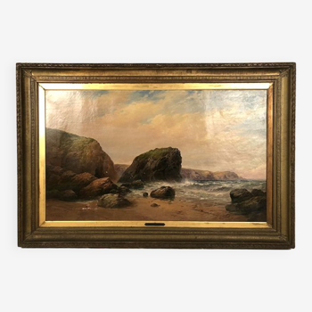 George Henry Jenkins (1843-1914). Le rivage, très grande huile sur toile encadrée.