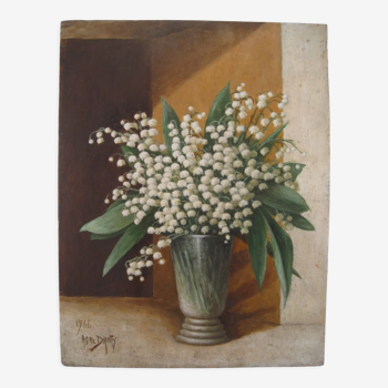 Oil painting XX th, Spring bouquet of Lily of the Valley, signed ANDRE DANTY 1966