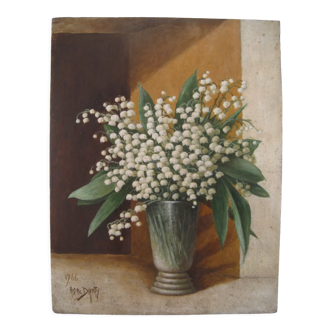 Oil painting XX th, Spring bouquet of Lily of the Valley, signed ANDRE DANTY 1966