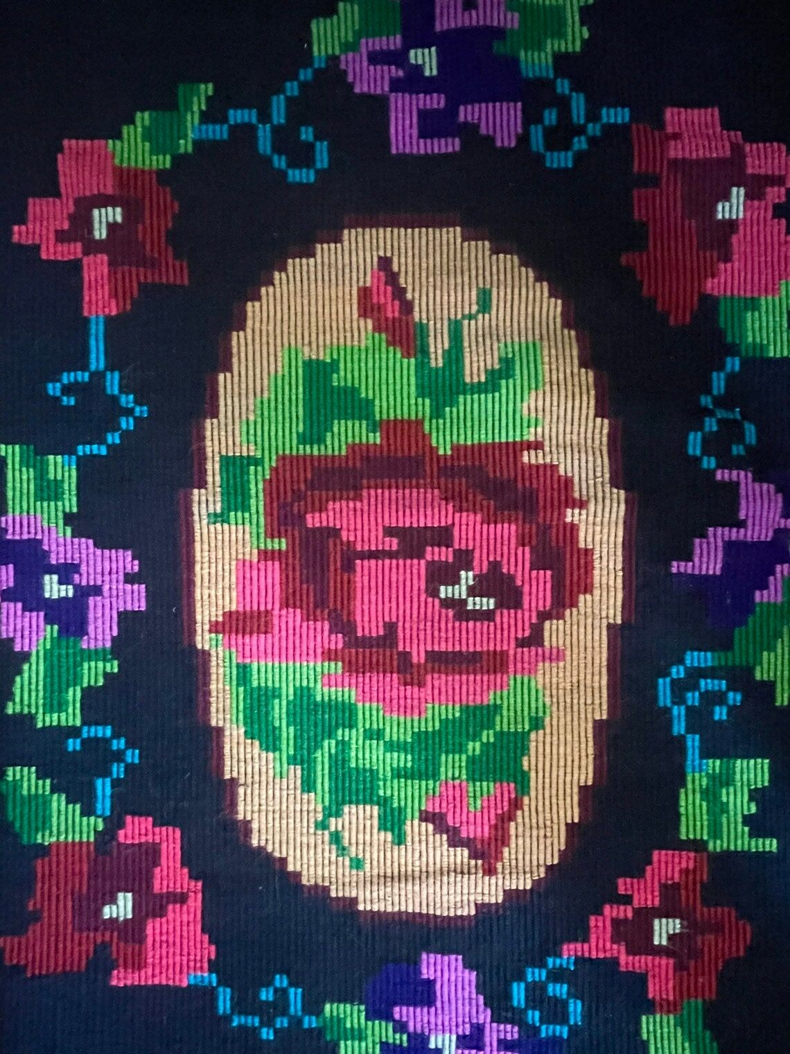 Hand-woven wool carpet black background with large roses 214x158cm