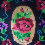 Hand-woven wool carpet black background with large roses 214x158cm