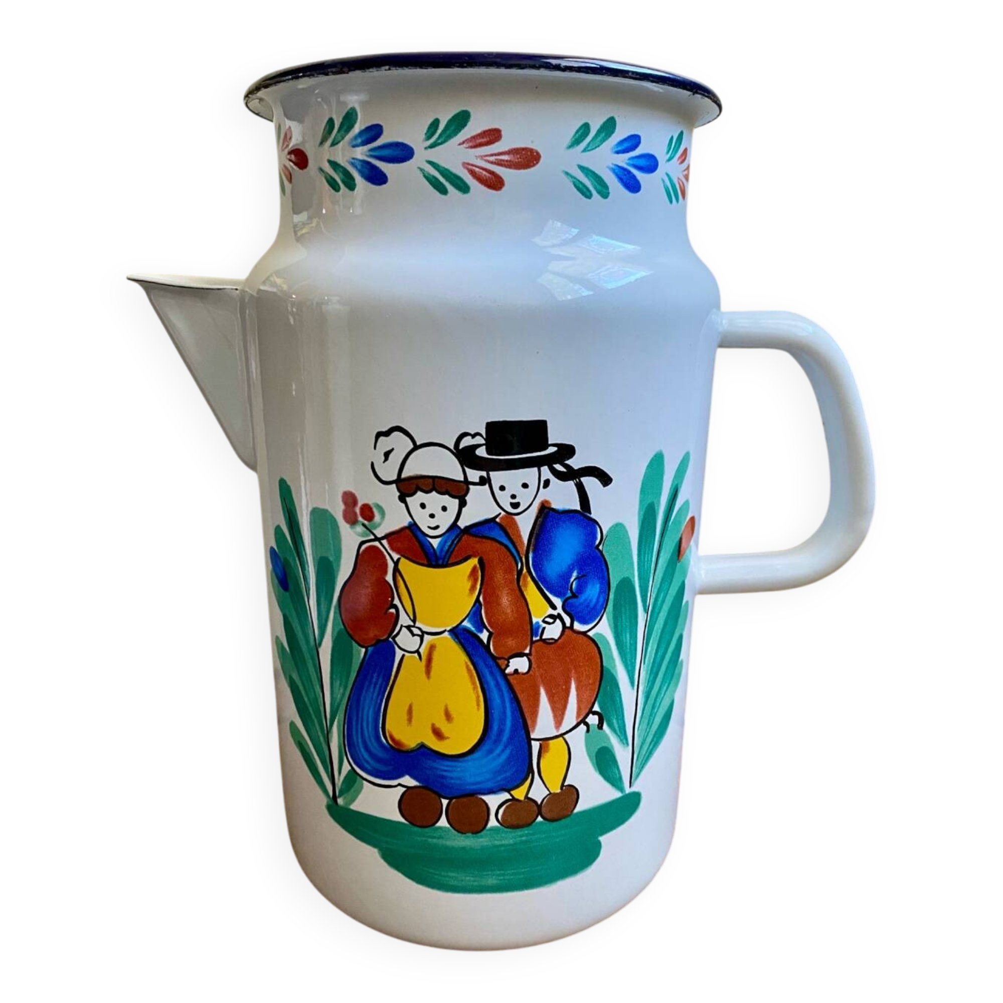 Grand, piché, par/cafetière folklore, breton vintage en émail