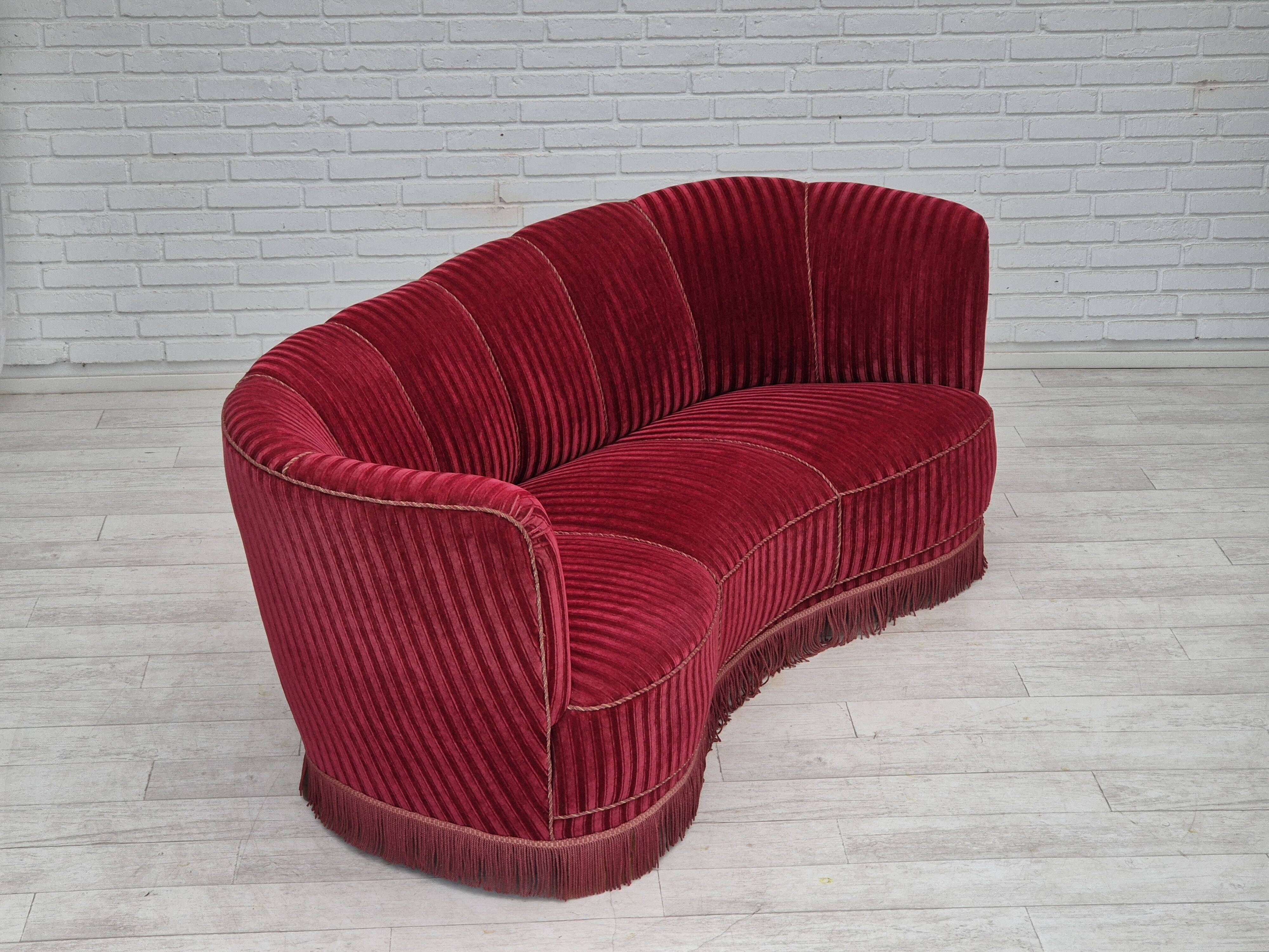 1960s, Danish 3-seater "Banan" sofa, original cherry-red furniture velour.