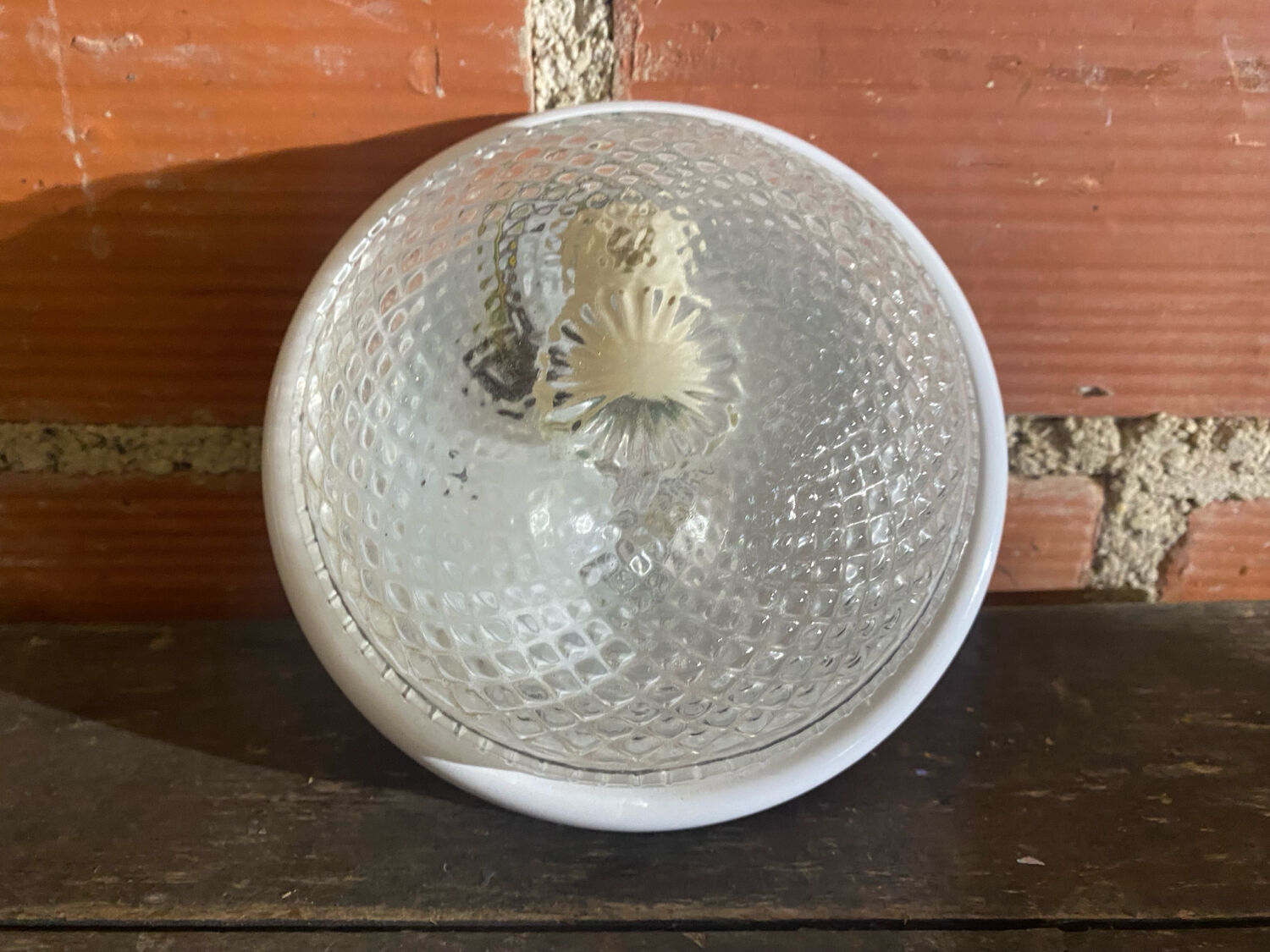 Vintage Round Ceiling Light Moulded Glass + White Metal Surround #D90