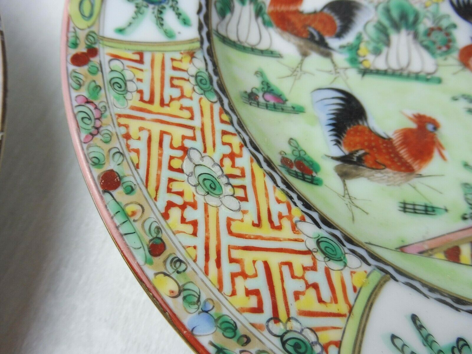 Lot of old Chinese porcelain plates, 5 roosters decoration, stamp, 19th