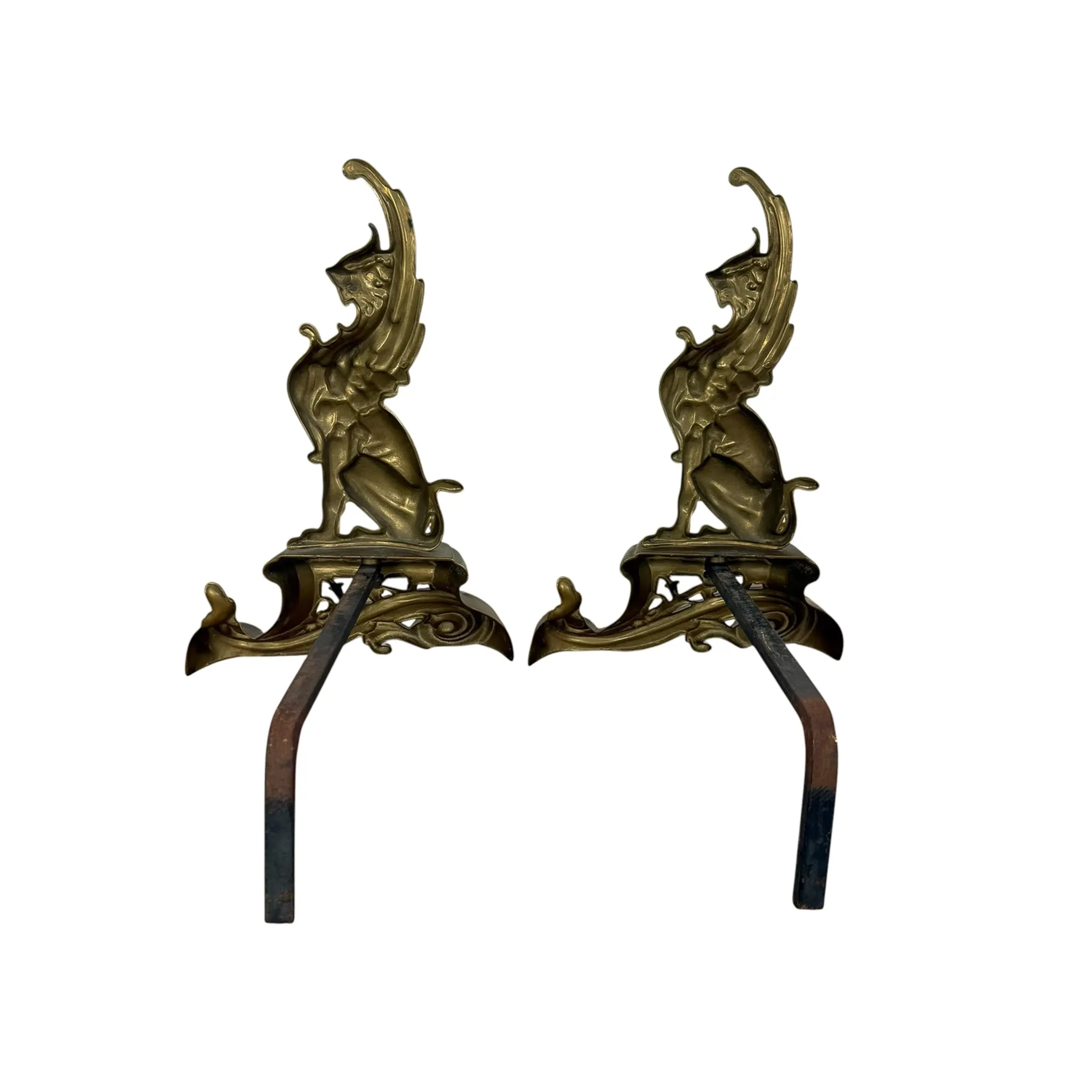Pair of Antique Art Nouveau Brass Griffin Andirons