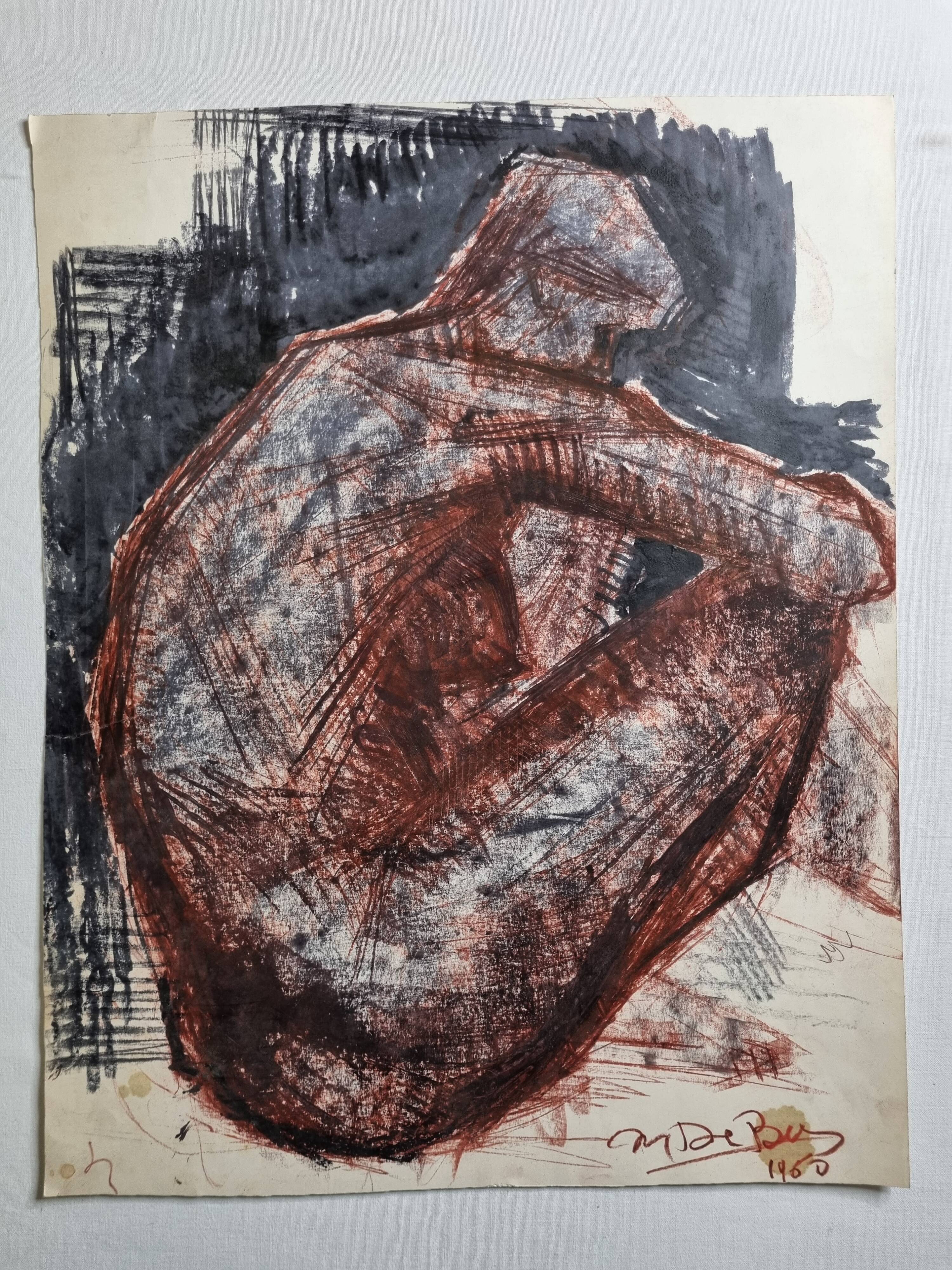 Charcoal and red chalk nude study signed by Maurice de Bus, 1960, 47 x 60 cm