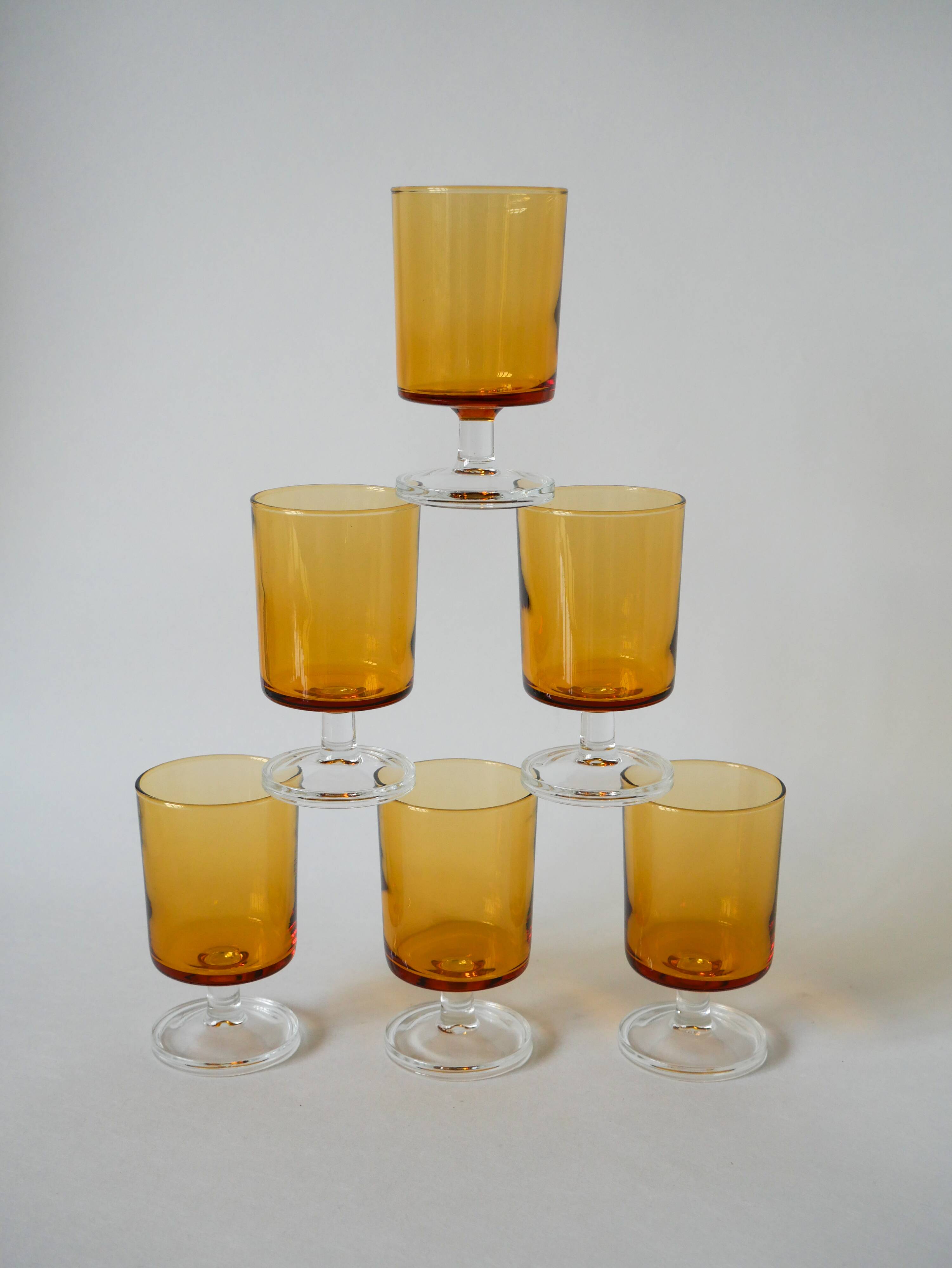 set of 6 vintage Luminarc amber wine glasses 1970