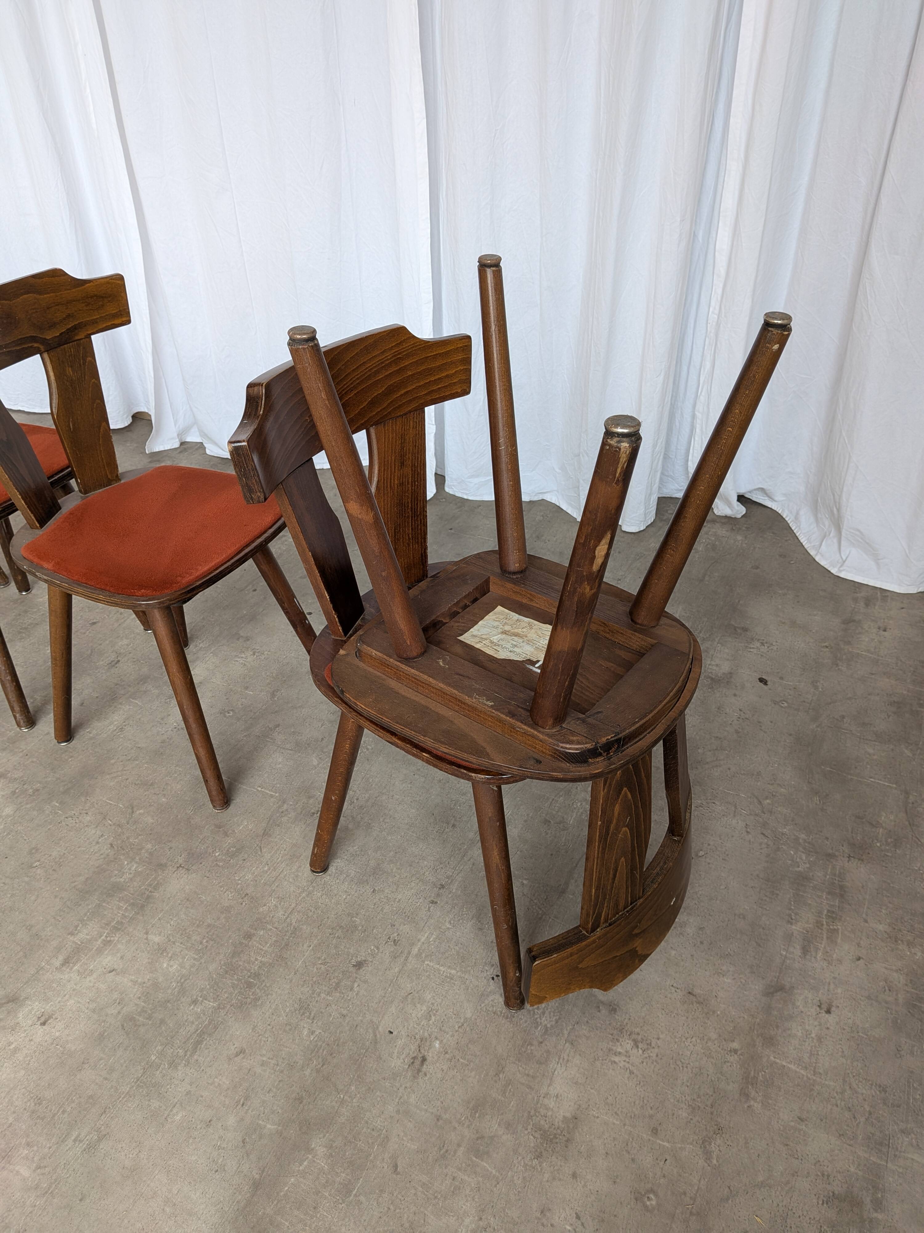 Vintage Tyrolean Dining Chairs: Set of 4, Red Fabric Seat, 1970s