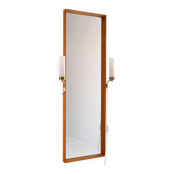 Miroir scandinave avec appliques en laiton intégrées, années 1950