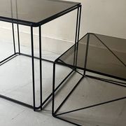 Isosceles coffee table in wire metal and black smoked glass, Max Sauze design 1970