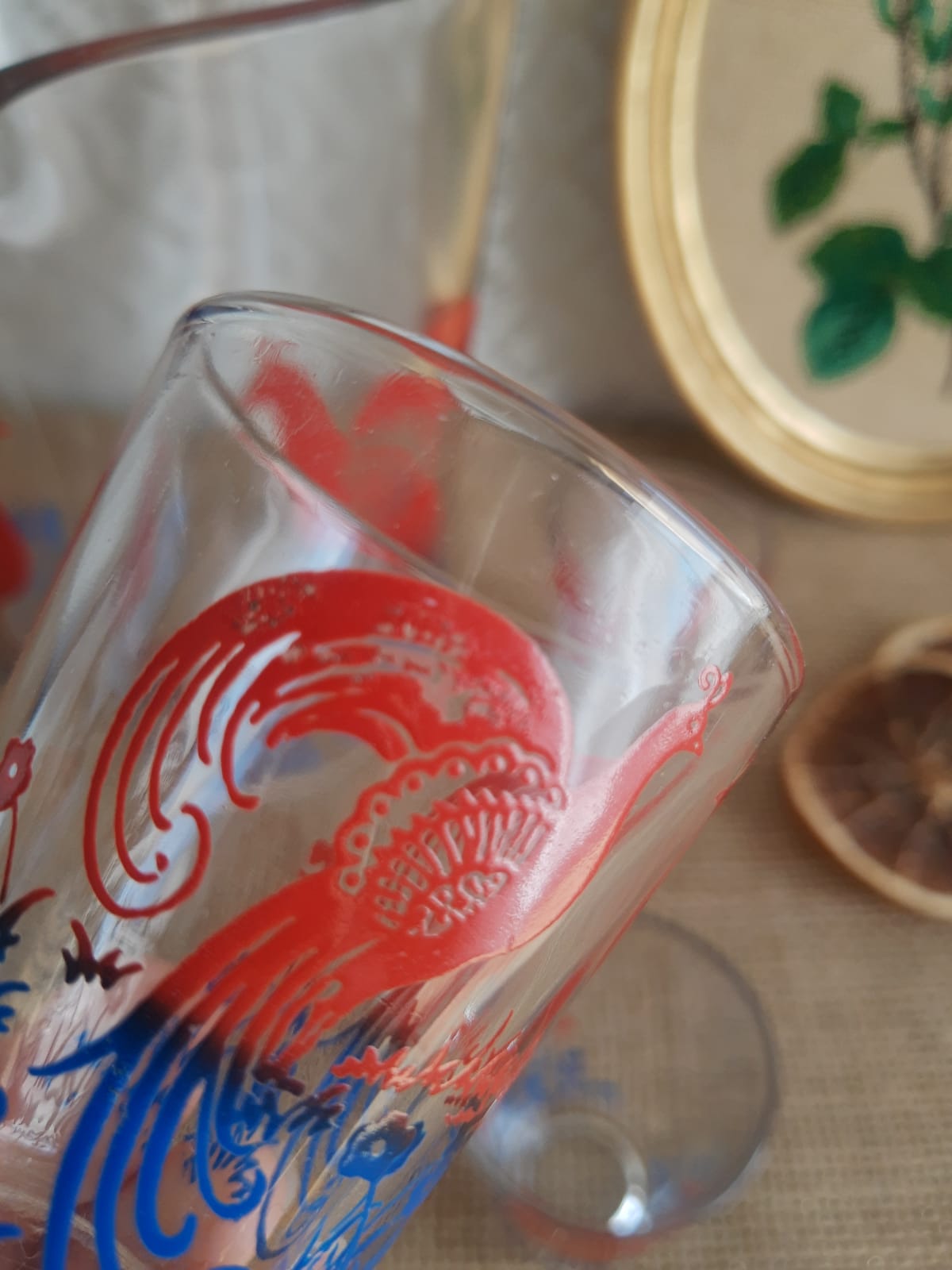 Pitcher and 6 vintage peacock liqueur glasses