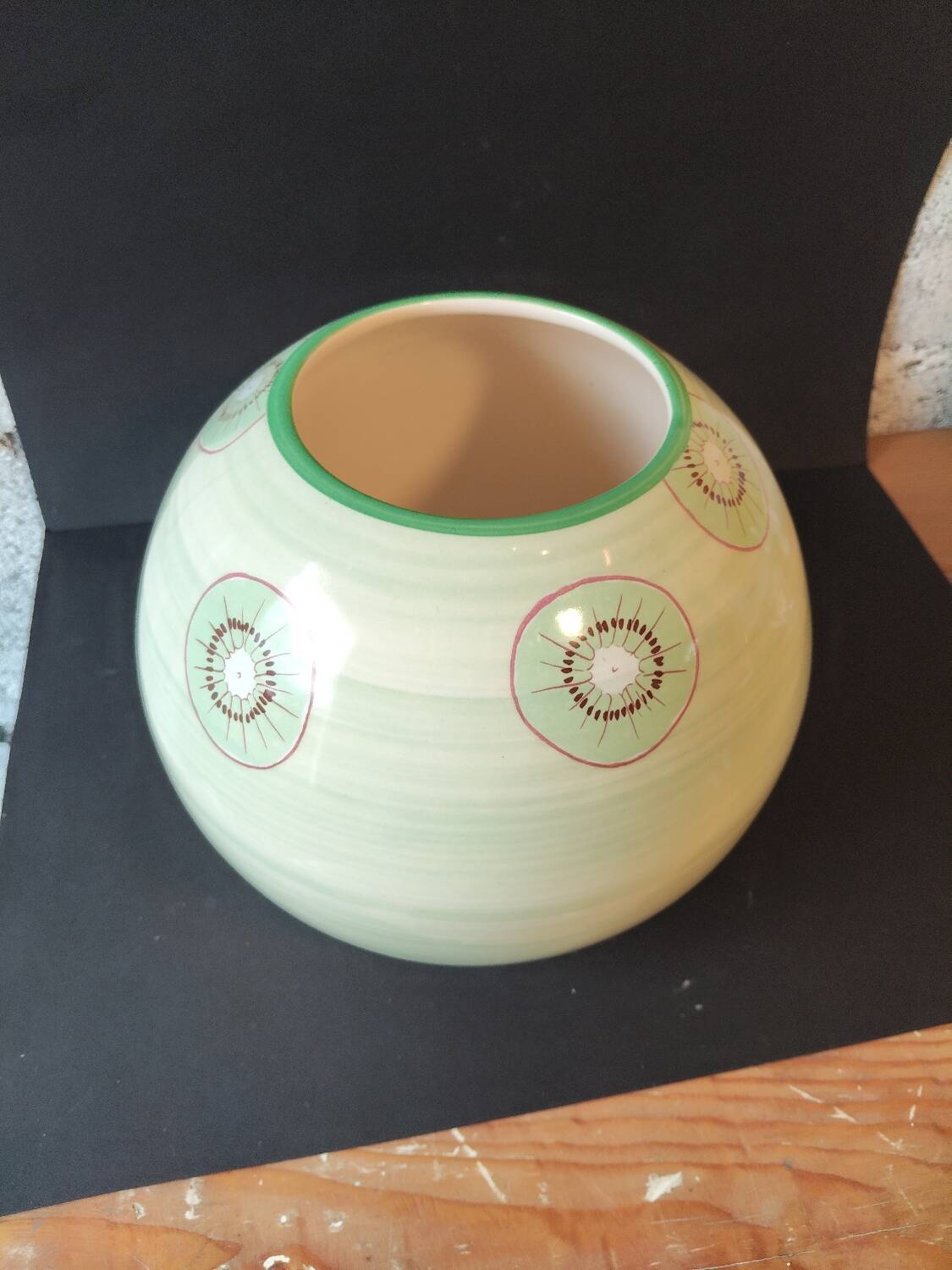 Lunéville France round vase – kiwi & leaf decoration – soft green vintage