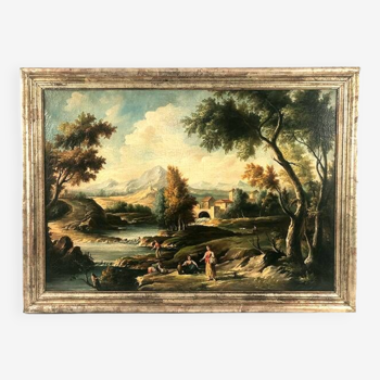 Italian school, large oil on canvas in the taste of the eighteenth century. Animated landscape