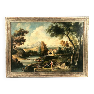 Italian school, large oil on canvas in the taste of the eighteenth century. Animated landscape