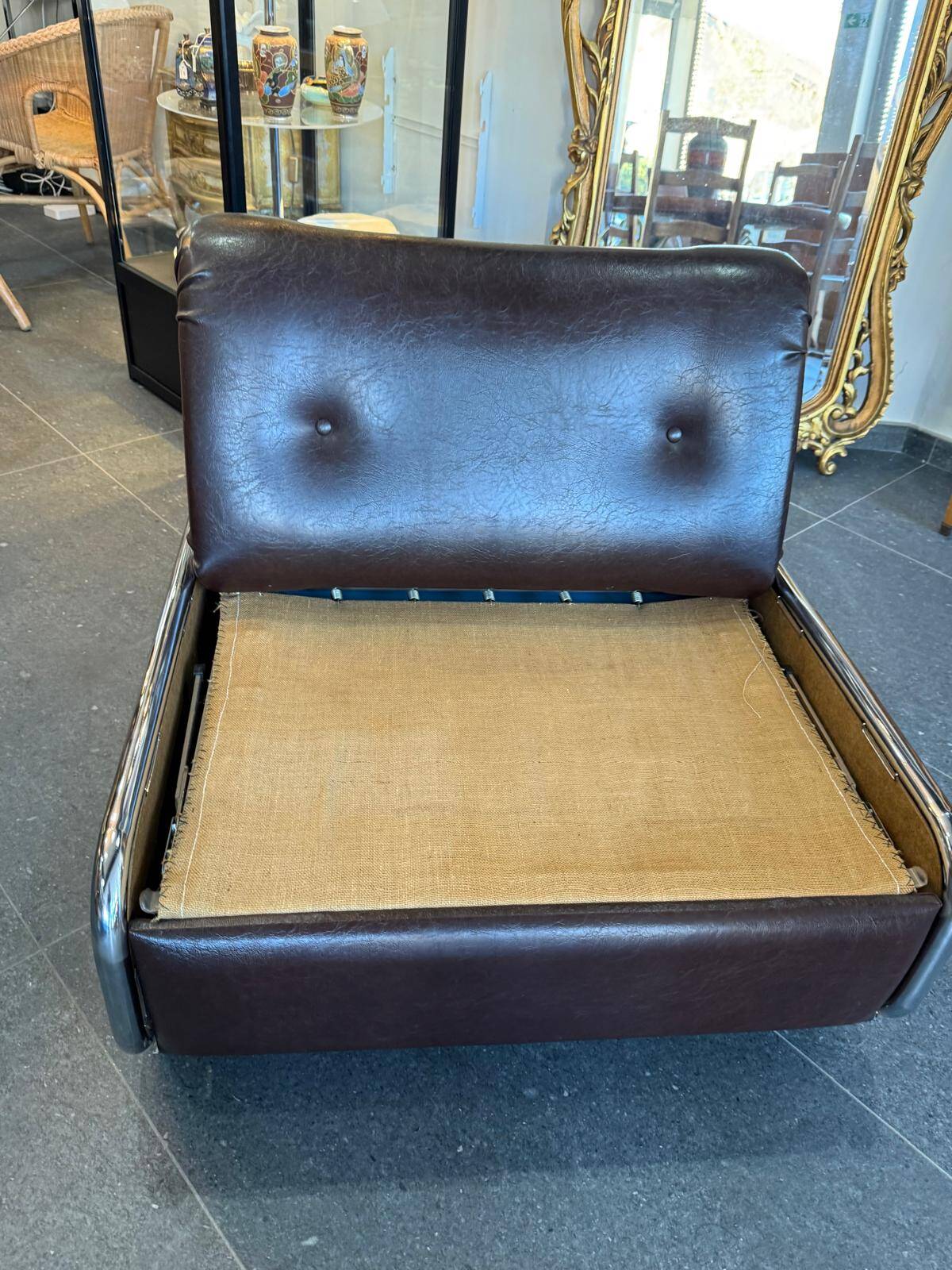 Beka-france convertible armchair in brown leather – chrome structure – 1970s