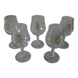 Ancien service de 5 verres en cristal monogramme en creux SA or 12 cm n°1