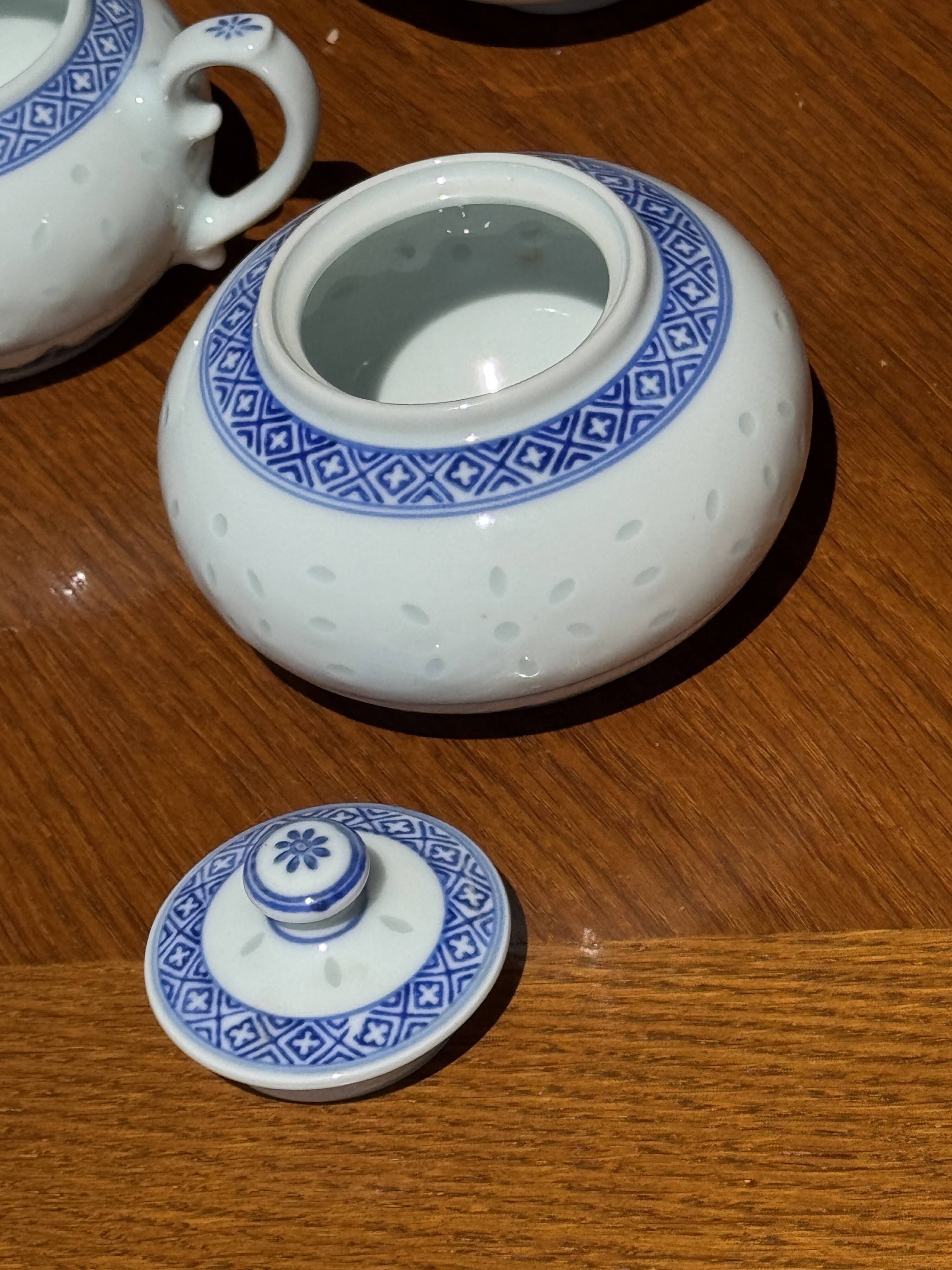 Small Chinese blue and white tea set for 6 cups and saucers.