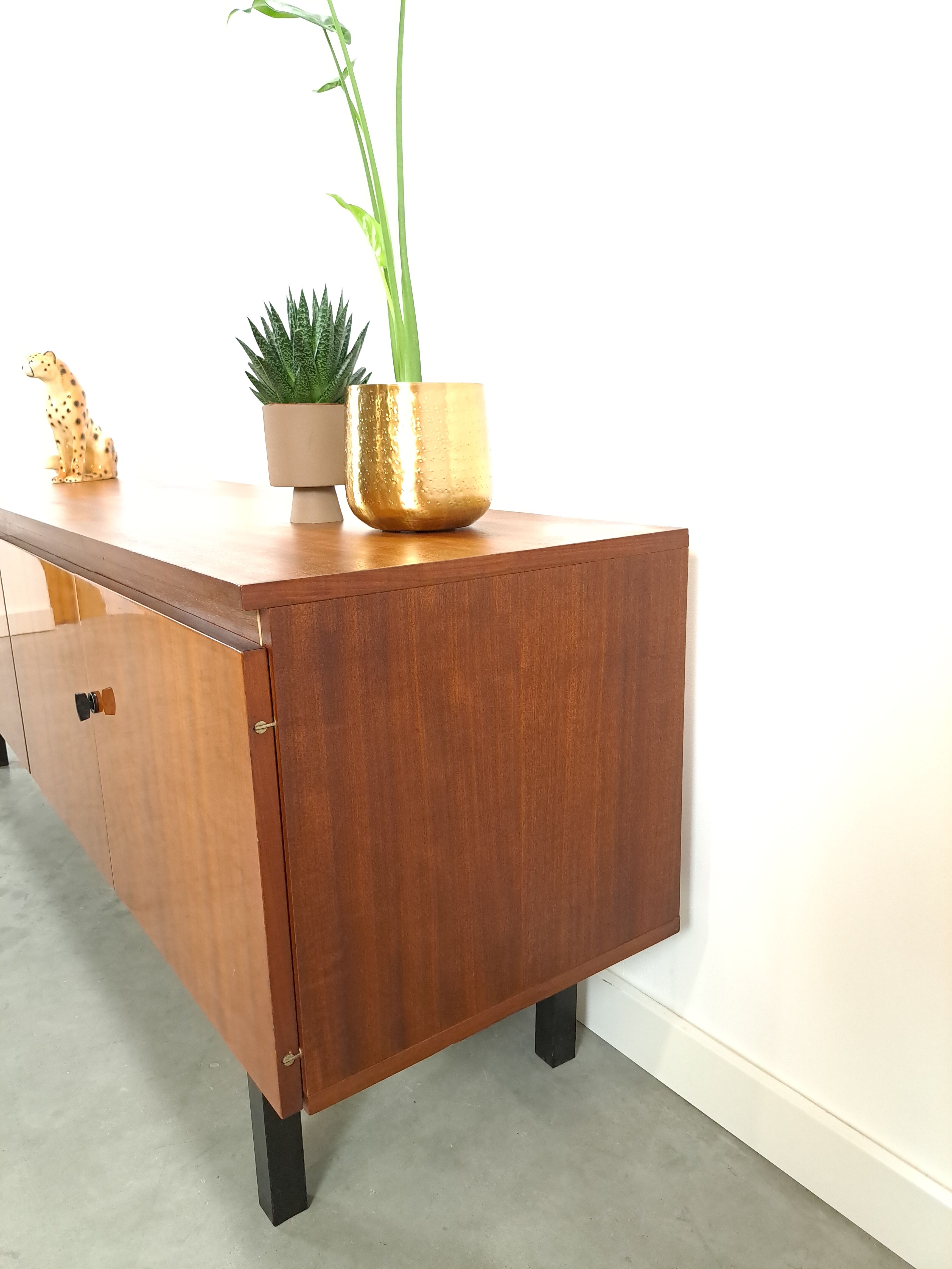 Long dark walnut veneer sideboard, vintage TV cabinet