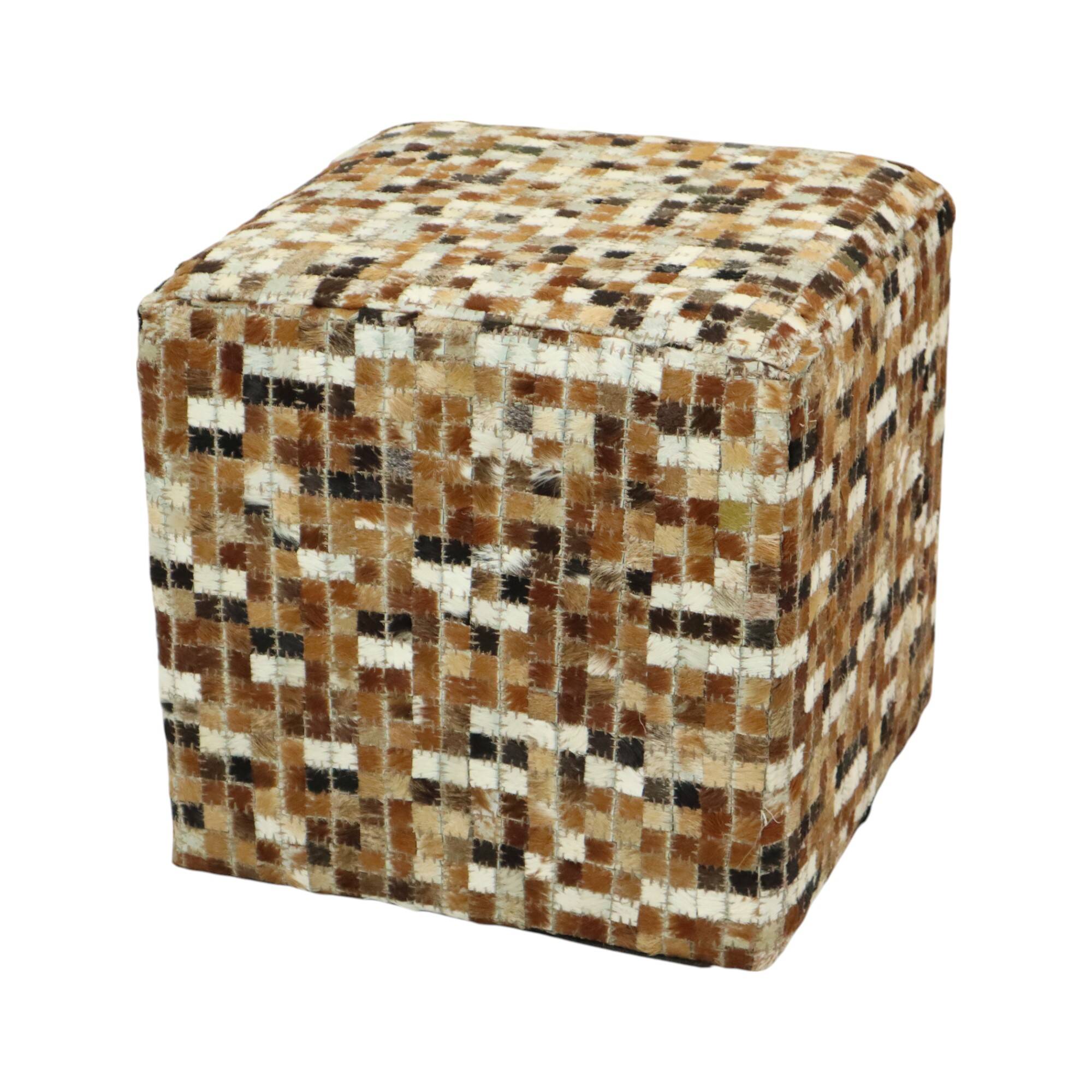 Vintage Square Pouf Goat Leather Patchwork Mosaic Pattern