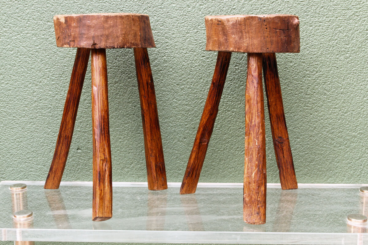 Pair of brutalist stools, tripods