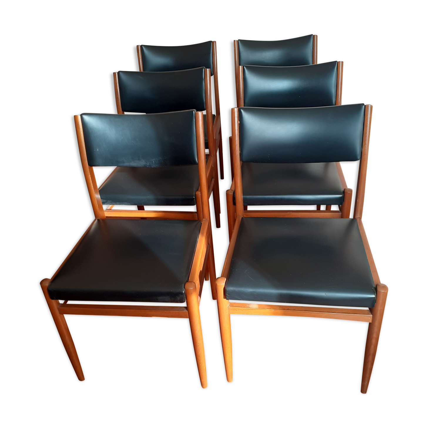 Vintage chairs wood and black leather