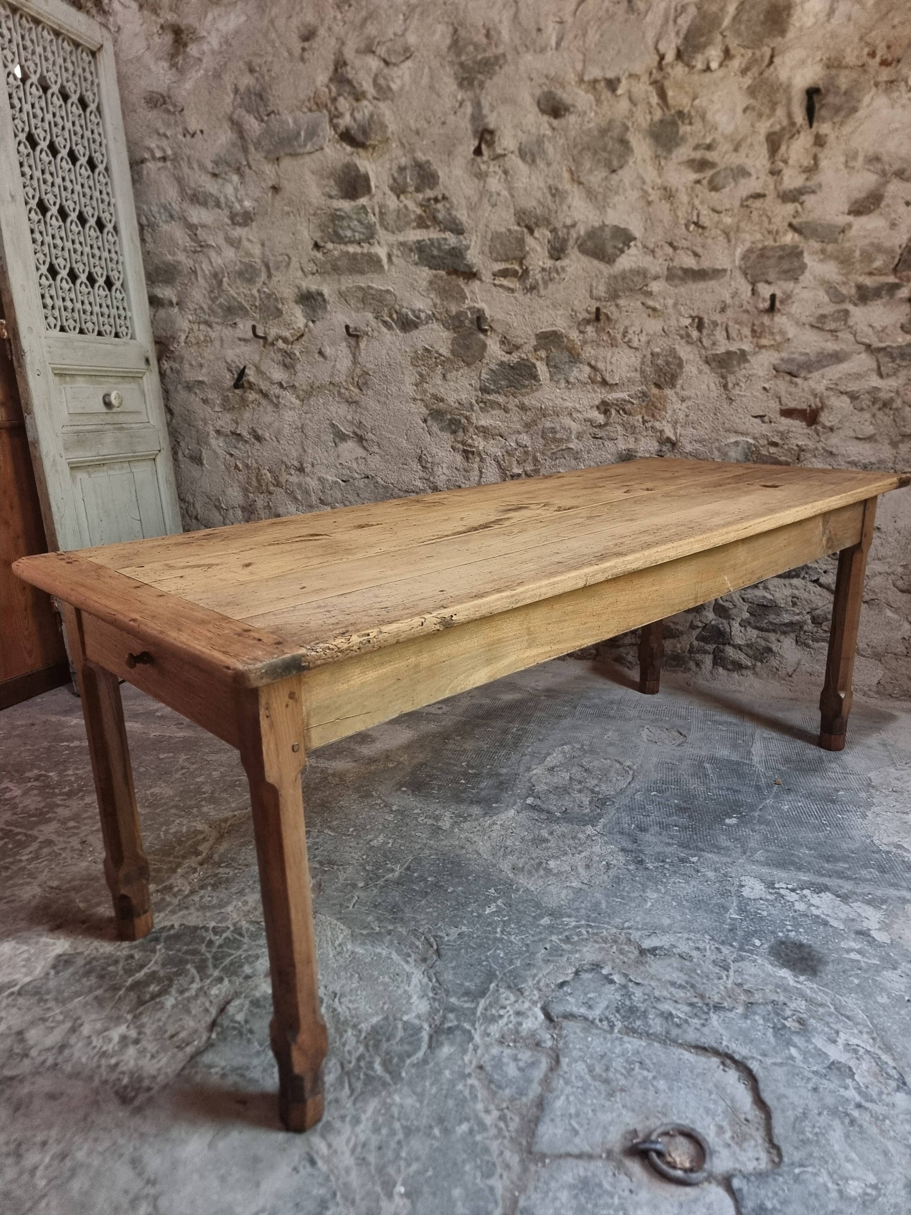 Old farmhouse dining table, rustic kitchen, poplar top, chestnut base, two drawers, 1800–1850.