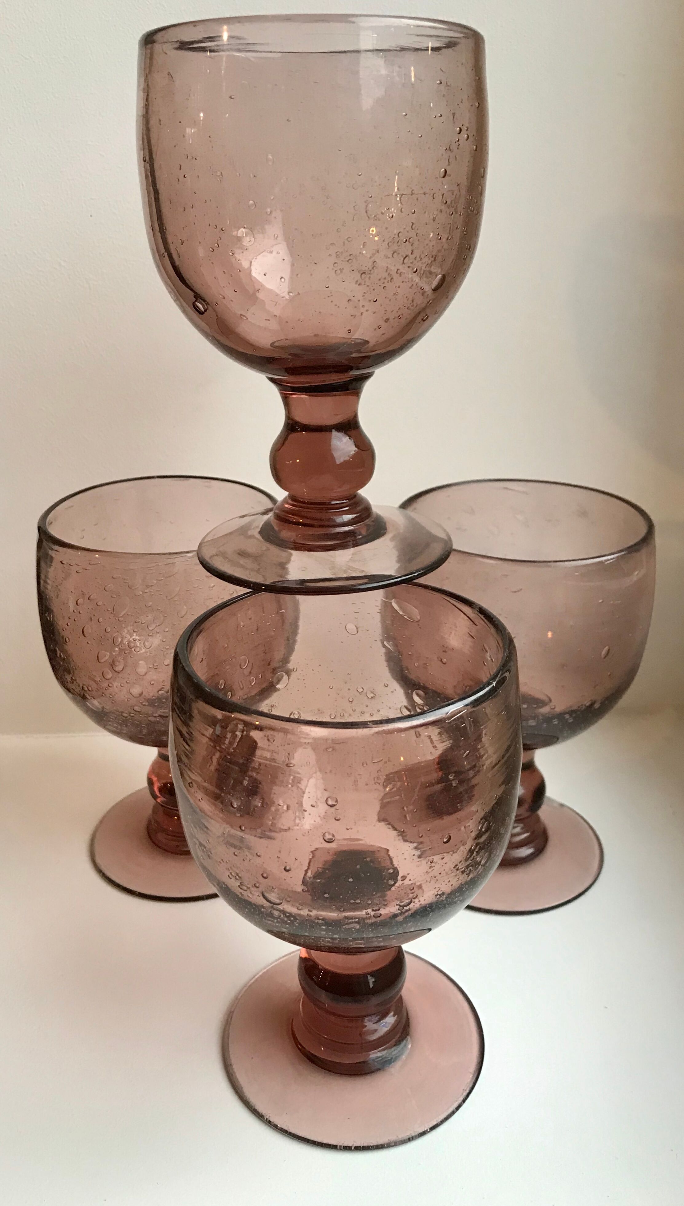 Set of 4 glasses with bubbled glass stems from biot violets 70s