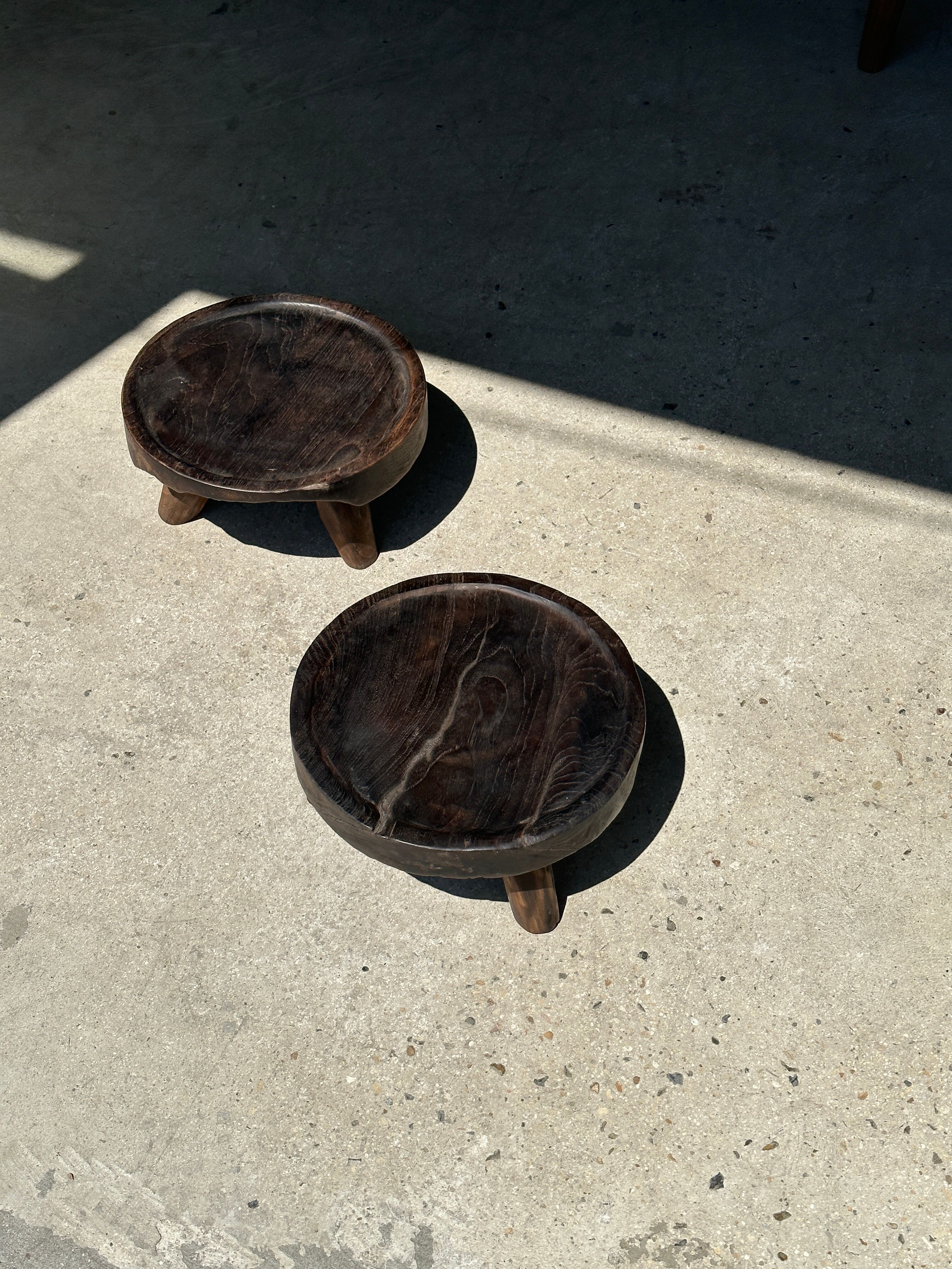 Small tripod stool low in dark brown upcycled teak
