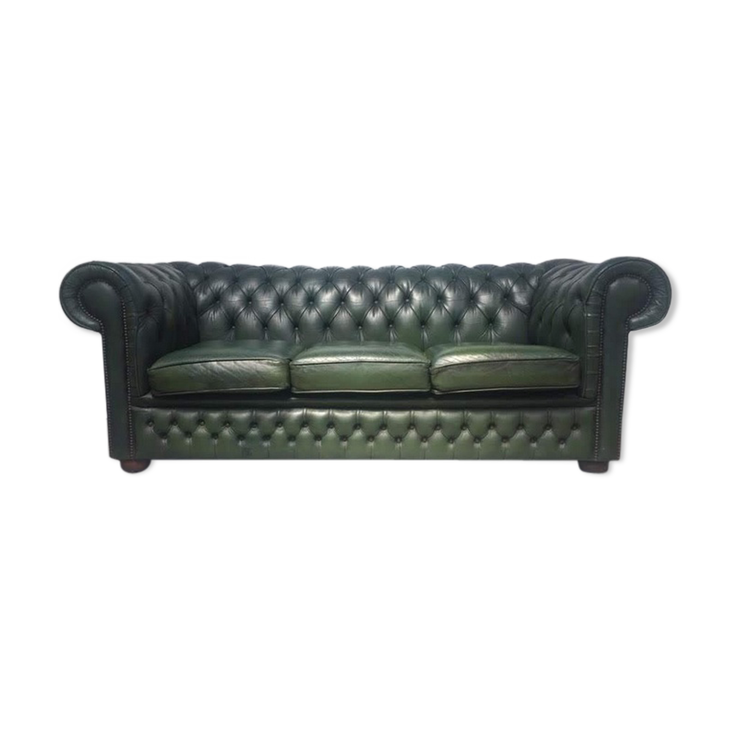 Vintage English green leather chesterfield sofa