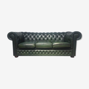 Vintage English green leather chesterfield sofa