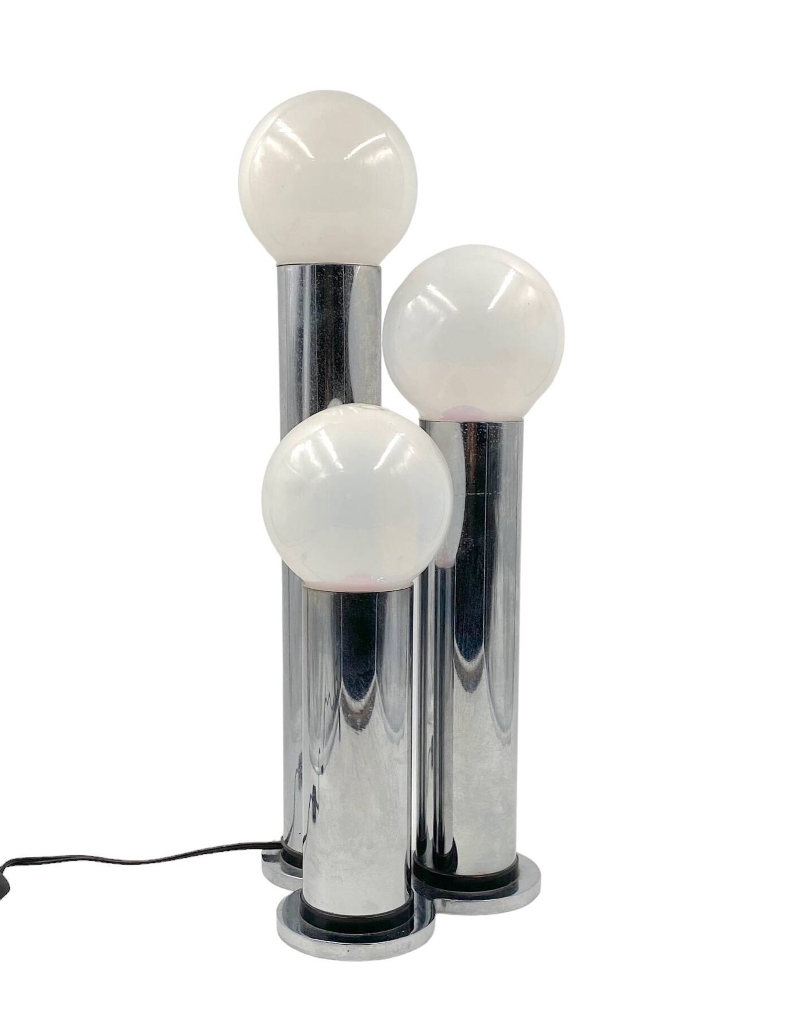 Hollywood regency 3 lights metal and opaline glass table lamp, Lama, Italy 1970s