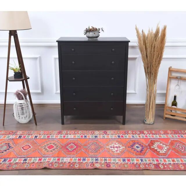 Vintage Turkish Oushak handmade wool cotton orange runner rug 83x336