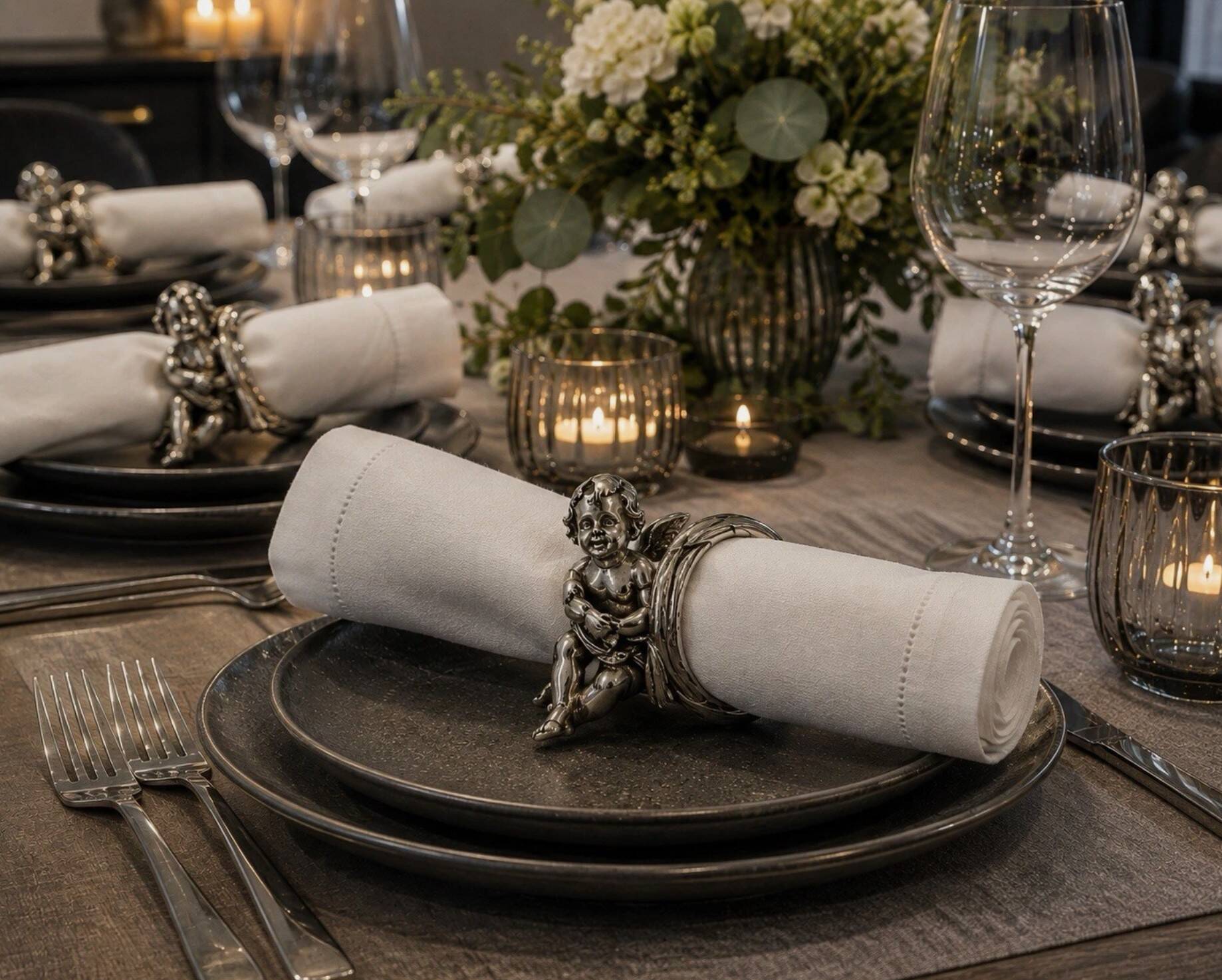Set of 10 Silver-Plated Cherub Napkin Rings, Vintage Table Décor Putti Figurine