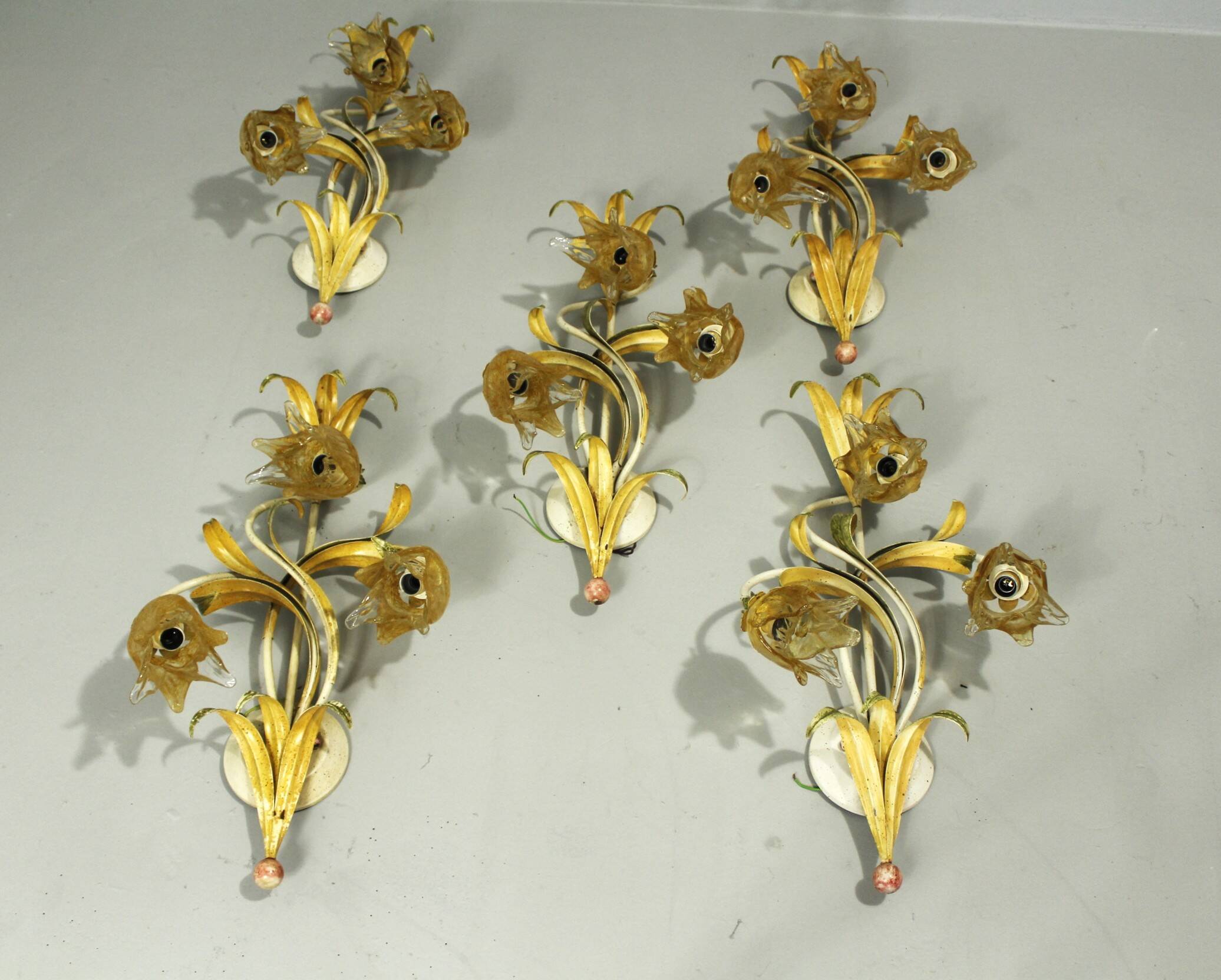 Set of 10 Wall Lights from colored hand crafted iron and Murano glass