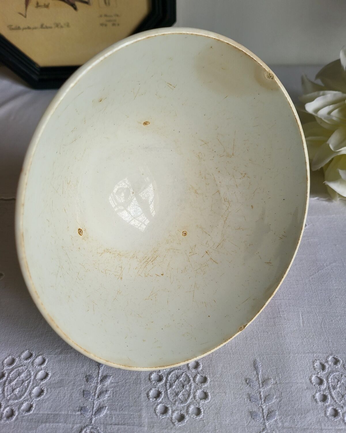 Old Bowl in Earthenware with Flower Decoration Marked underneath M