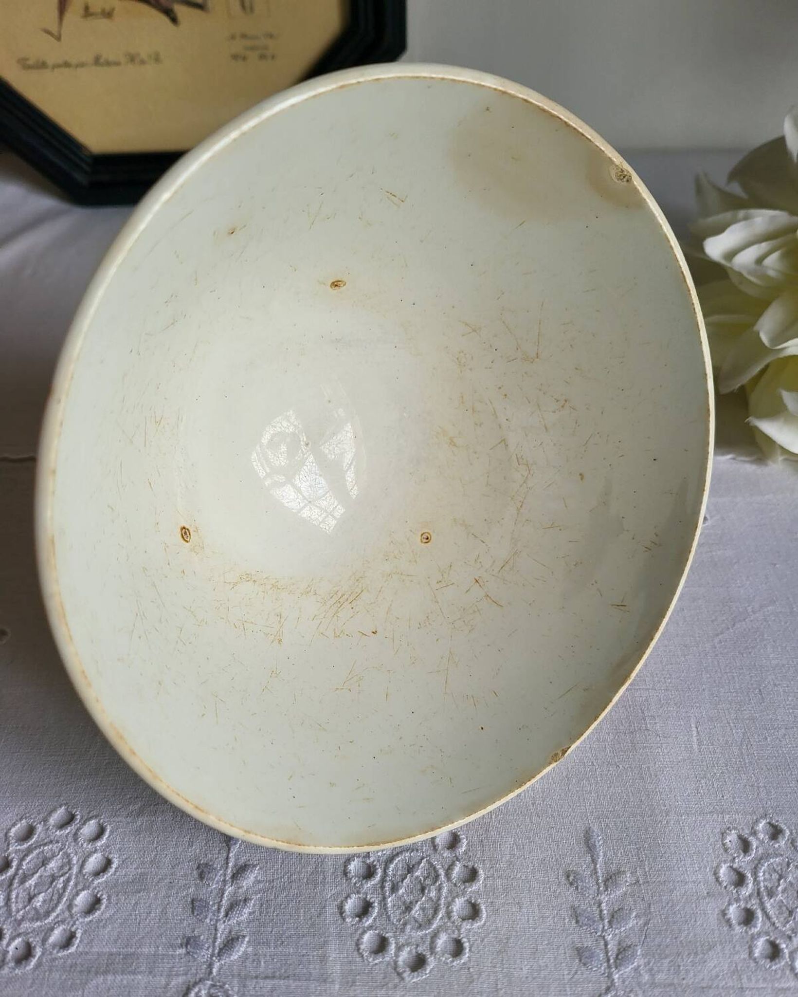 Old Bowl in Earthenware with Flower Decoration Marked underneath M