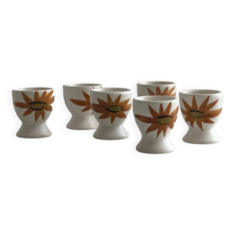 6 ceramic egg cups with orange floral motifs Poterie du Marais.
