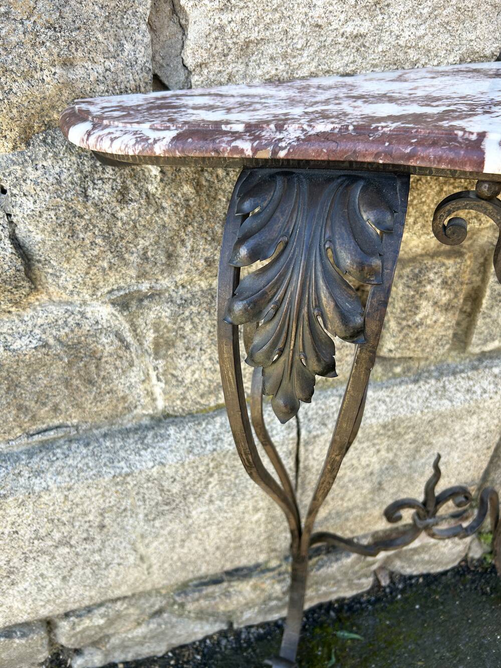 Wrought iron console, marble, 20th century