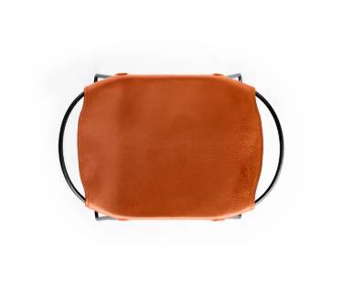 Contemporary sculptural bar stool, smoked black metal and natural tobacco leather.