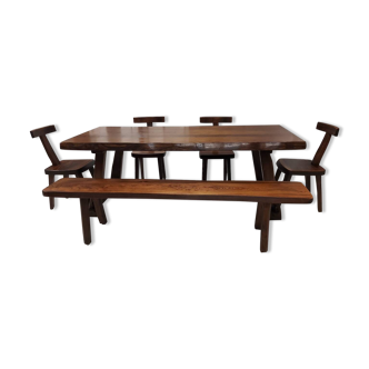 Ensemble Table, banc et chaises T Brutaliste Mikko Nupponen Finlande années 1960