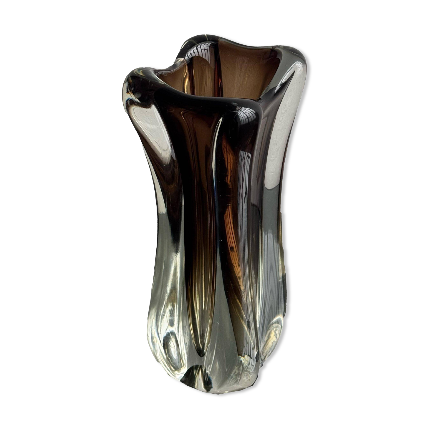 Vase en verre art vintage de style Murano Sommerso, en ambre et transparent