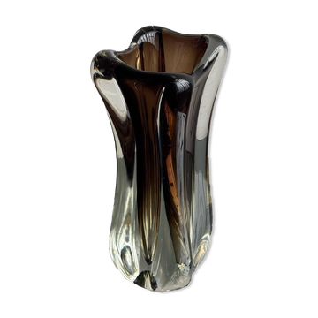 Vase en verre art vintage de style Murano Sommerso, en ambre et transparent