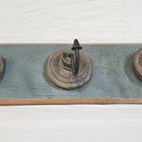 Antique teak coat rack with 3 wrought iron hooks