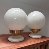Set of two white opaline ball wall lights