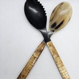 Buffalo horn serving cutlery set with ribbed bone handle